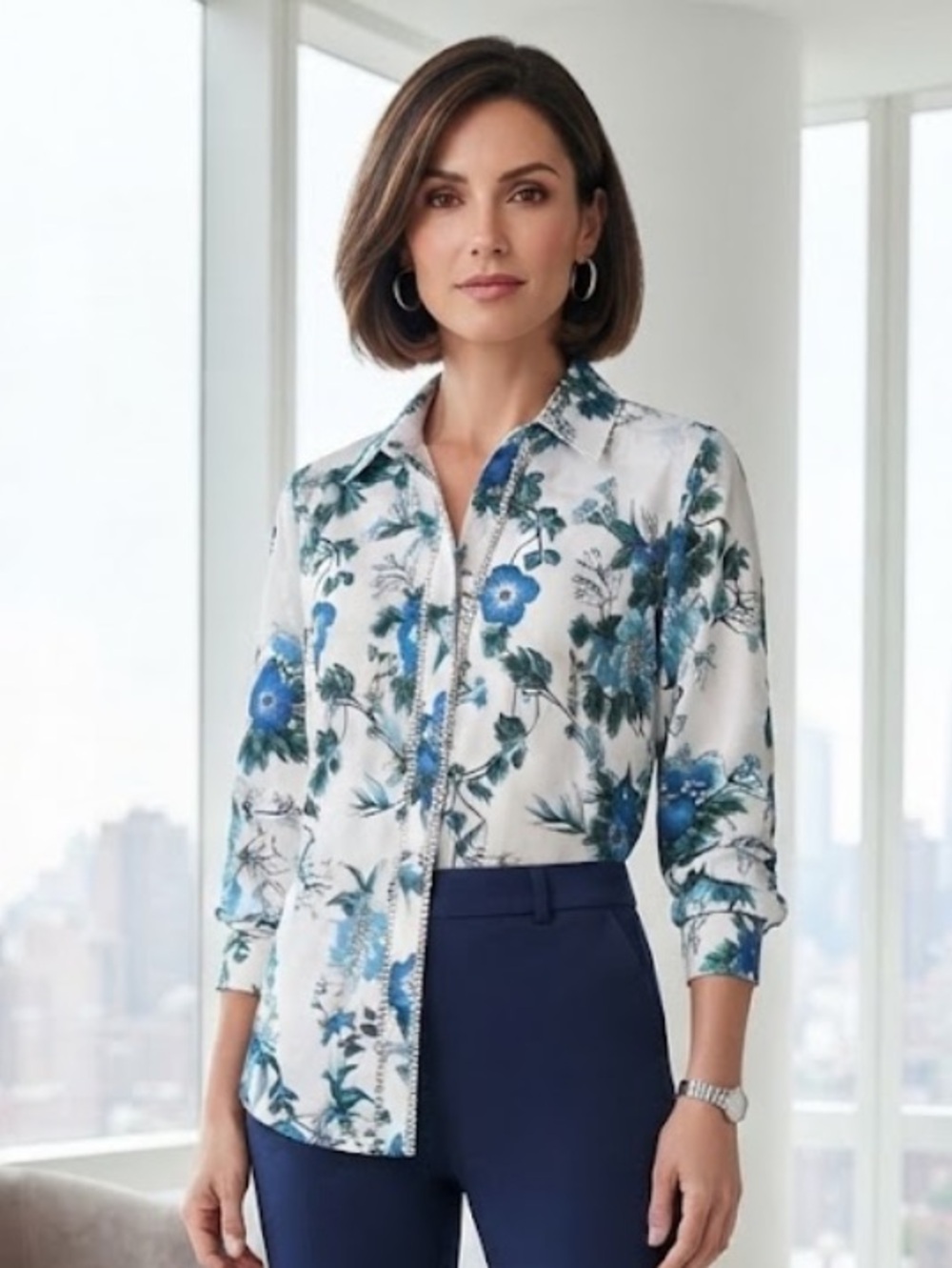New JM Collection White Button-Down Shirt with Blue Floral Print size M
